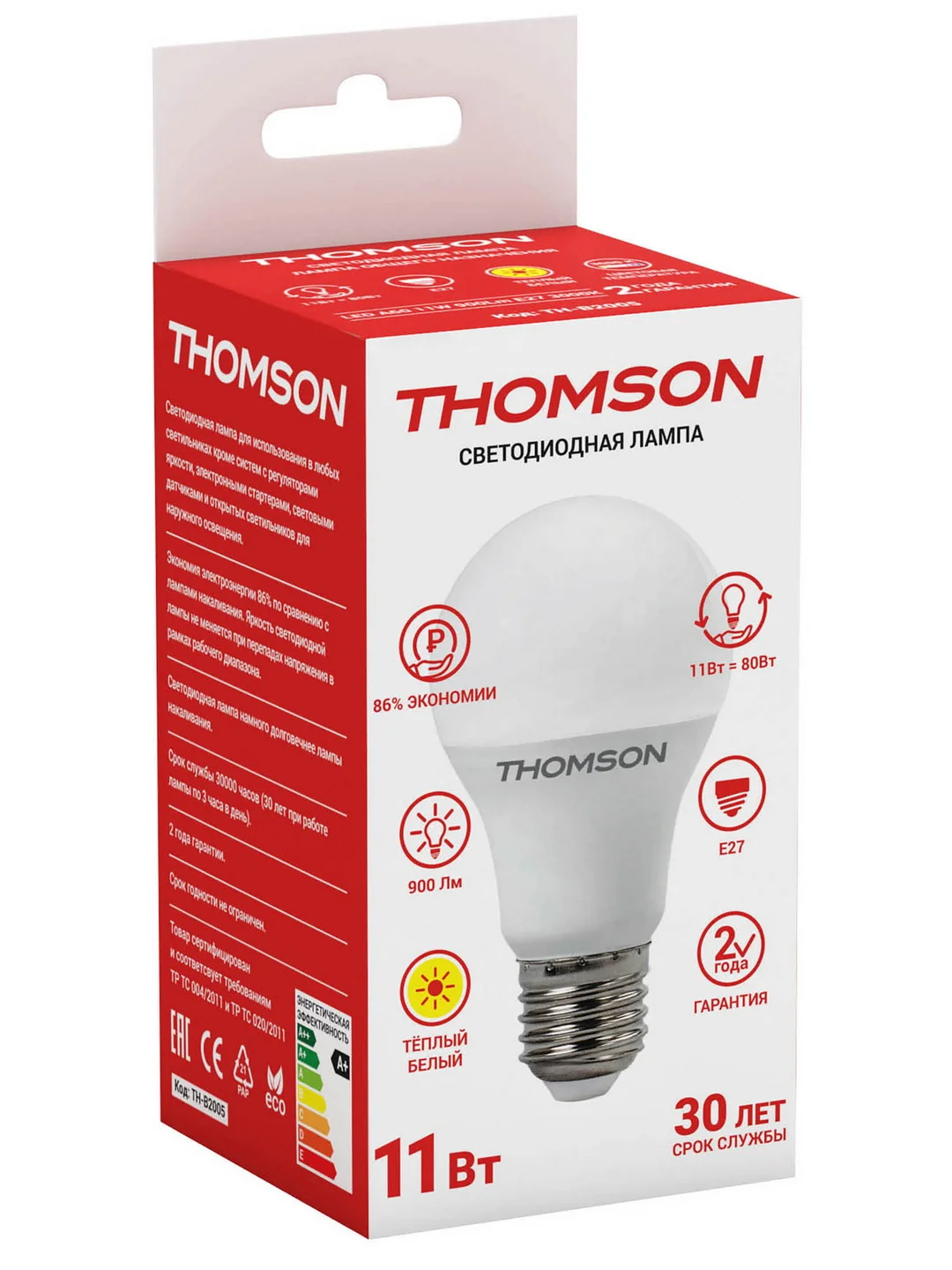 Лампочка светодиодная THOMSON TH-B2005 11 Вт, E27, А60, груша, 3000K теплый белый свет