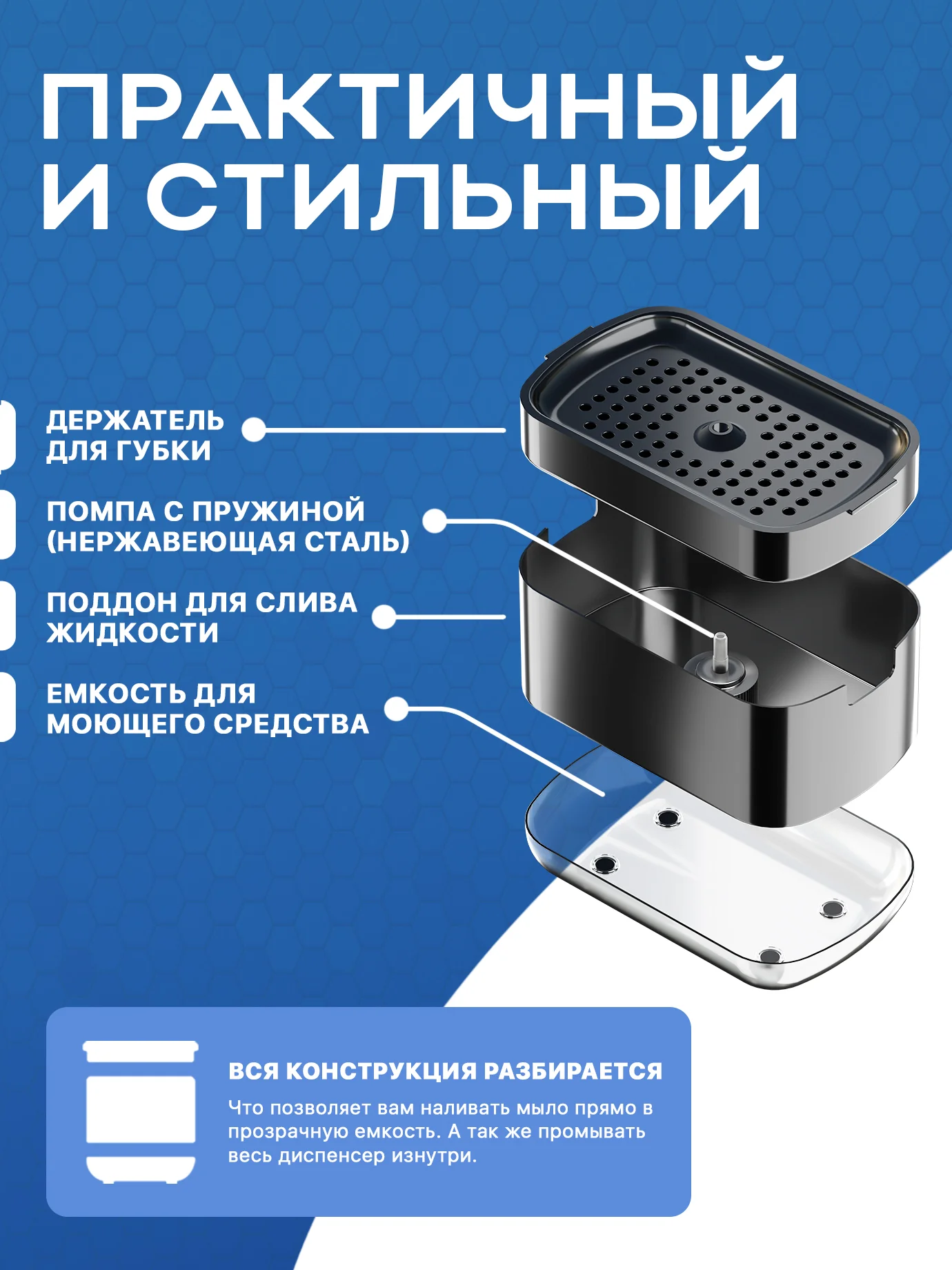 Черный диспенсер для моющего средства с губкой. Дозатор для мыла, подставка органайзер на кухню