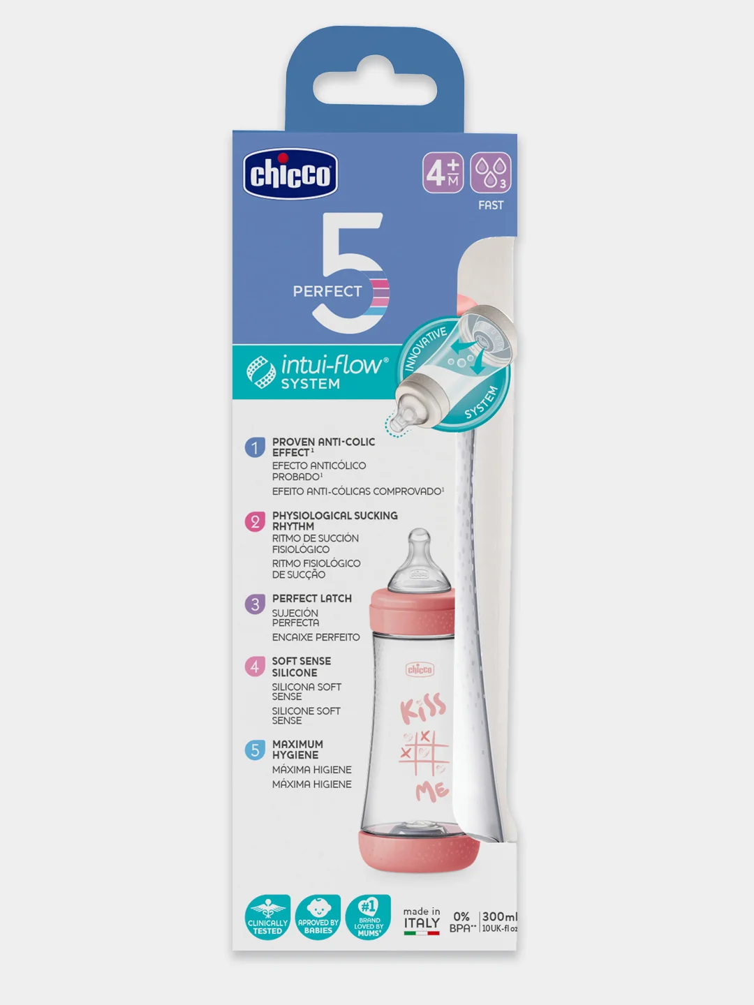 CHICCO Бутылочка Perfect5 Girl 4мес.+,сил.соска быстр.поток,РР,300мл. NEW
