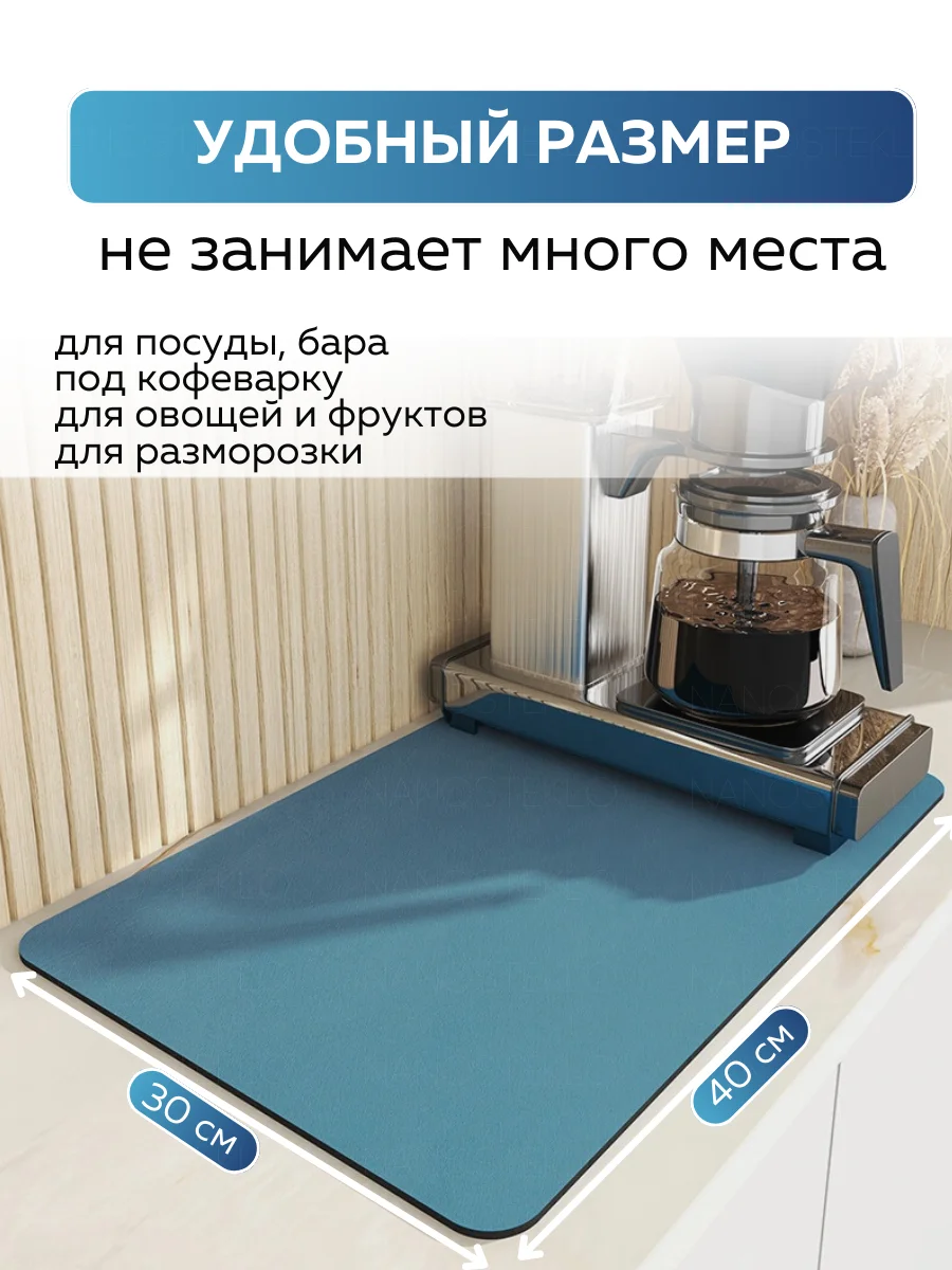 Голубой коврик для сушки посуды впитывающий быстросохнущий на кухню