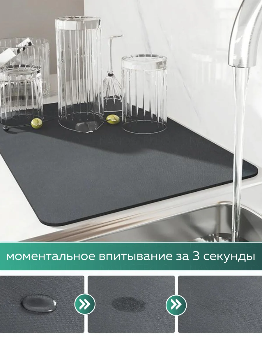 Черный коврик для сушки посуды впитывающий быстросохнущий на кухню
