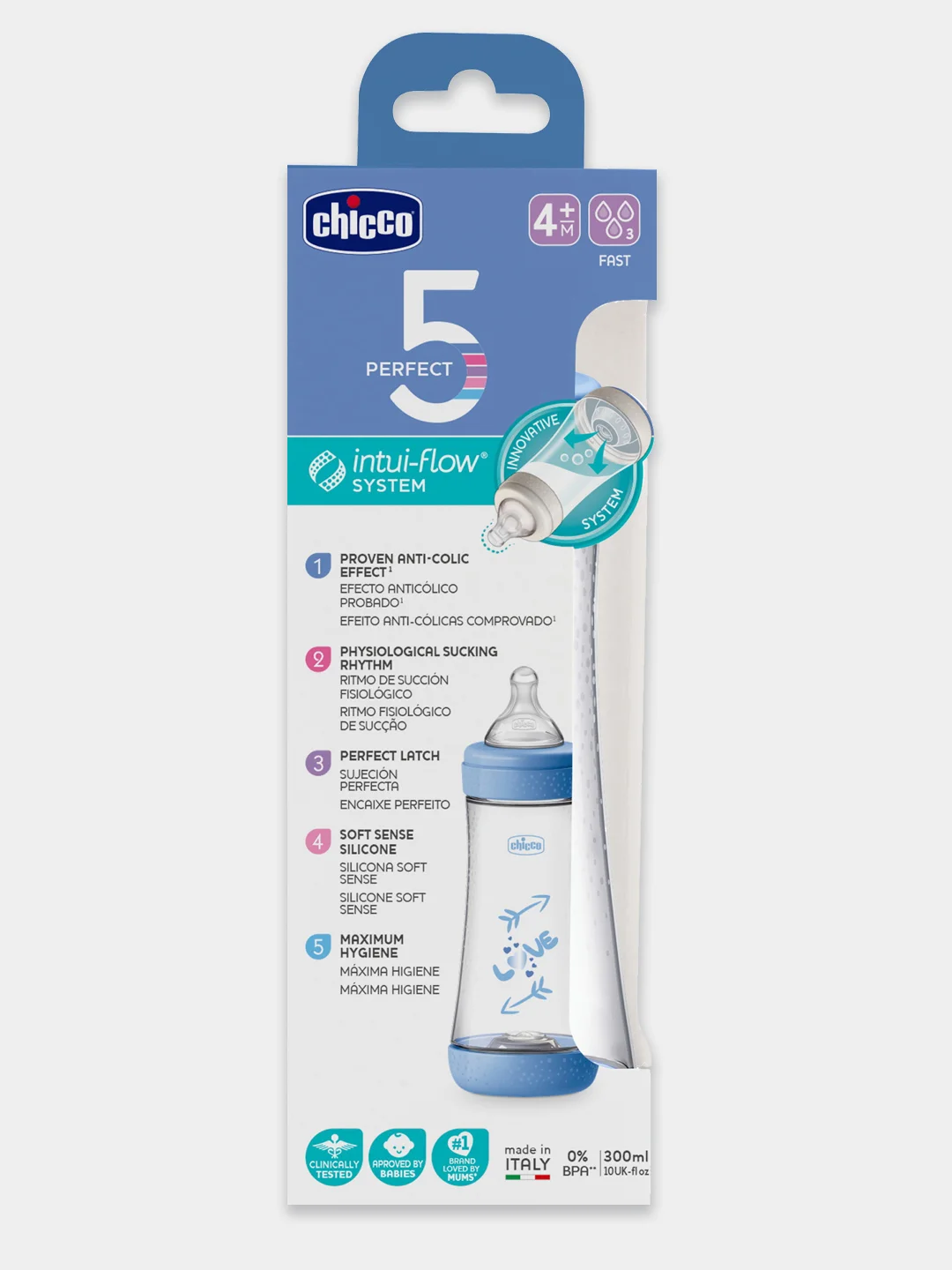 Chicco бутылочка Perfect5 Boy, 4 мес, с силиконовой соской, быстрый поток, РР, 300 мл