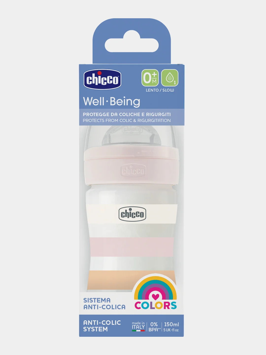 CHICCO Бутылочка Well-Being Girl 0мес.+,сил.соска медл.поток,РР,150мл.,бел