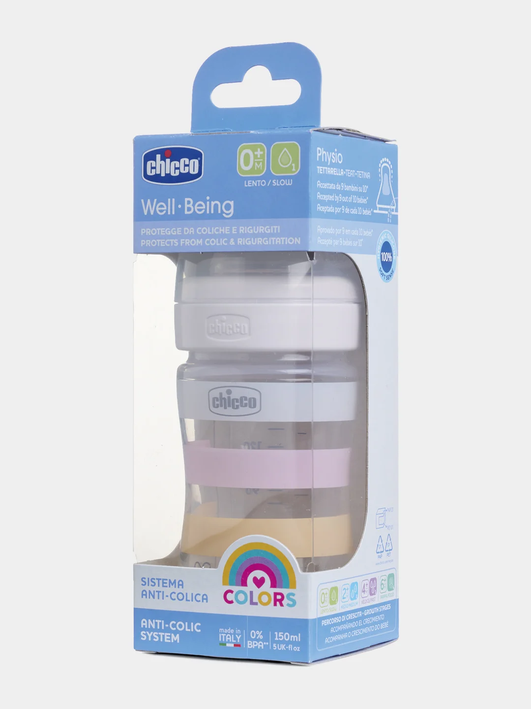CHICCO Бутылочка Well-Being Girl 0мес.+,сил.соска медл.поток,РР,150мл.,бел