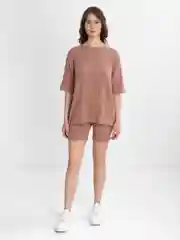 Пастельно-коралловый костюм женский в рубчик с велосипедками