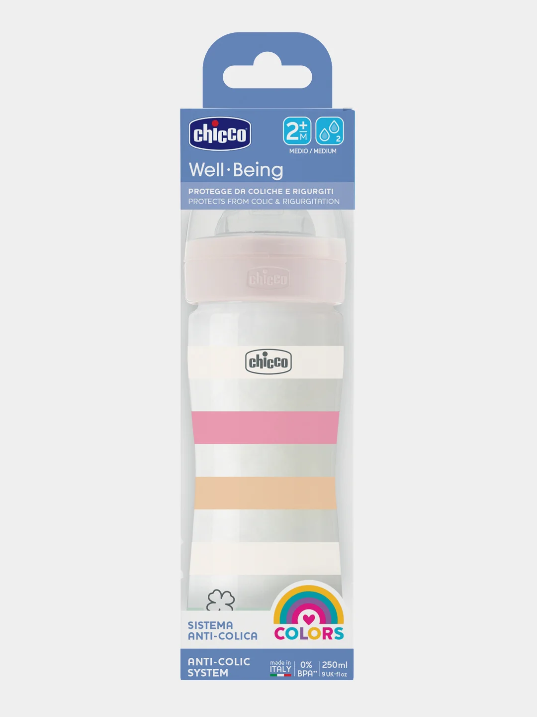 CHICCO Бутылочка Well-Being Girl 2мес.+,сил.соска средн.поток,РР,250мл.,бел