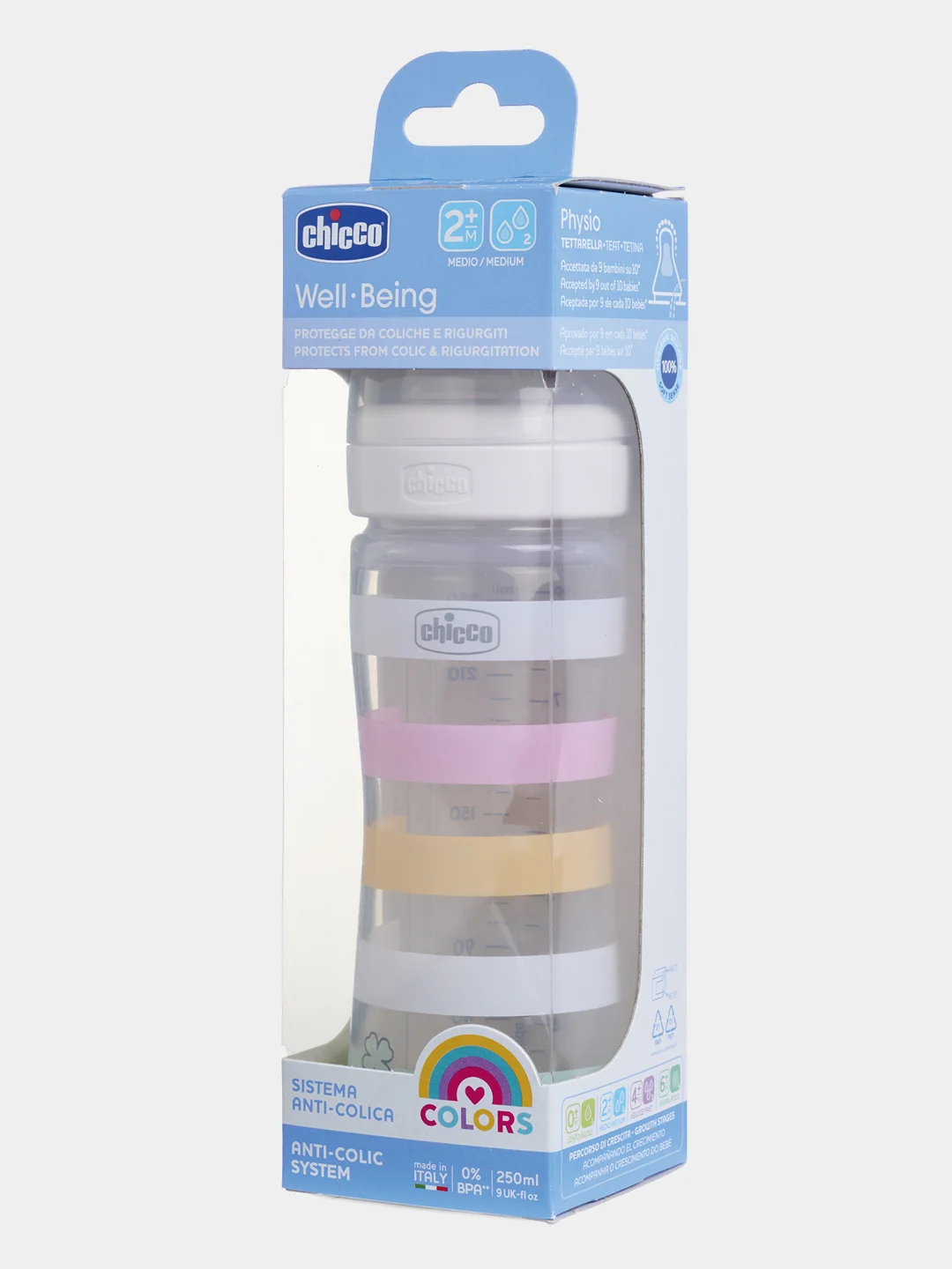 CHICCO Бутылочка Well-Being Girl 2мес.+,сил.соска средн.поток,РР,250мл.,бел