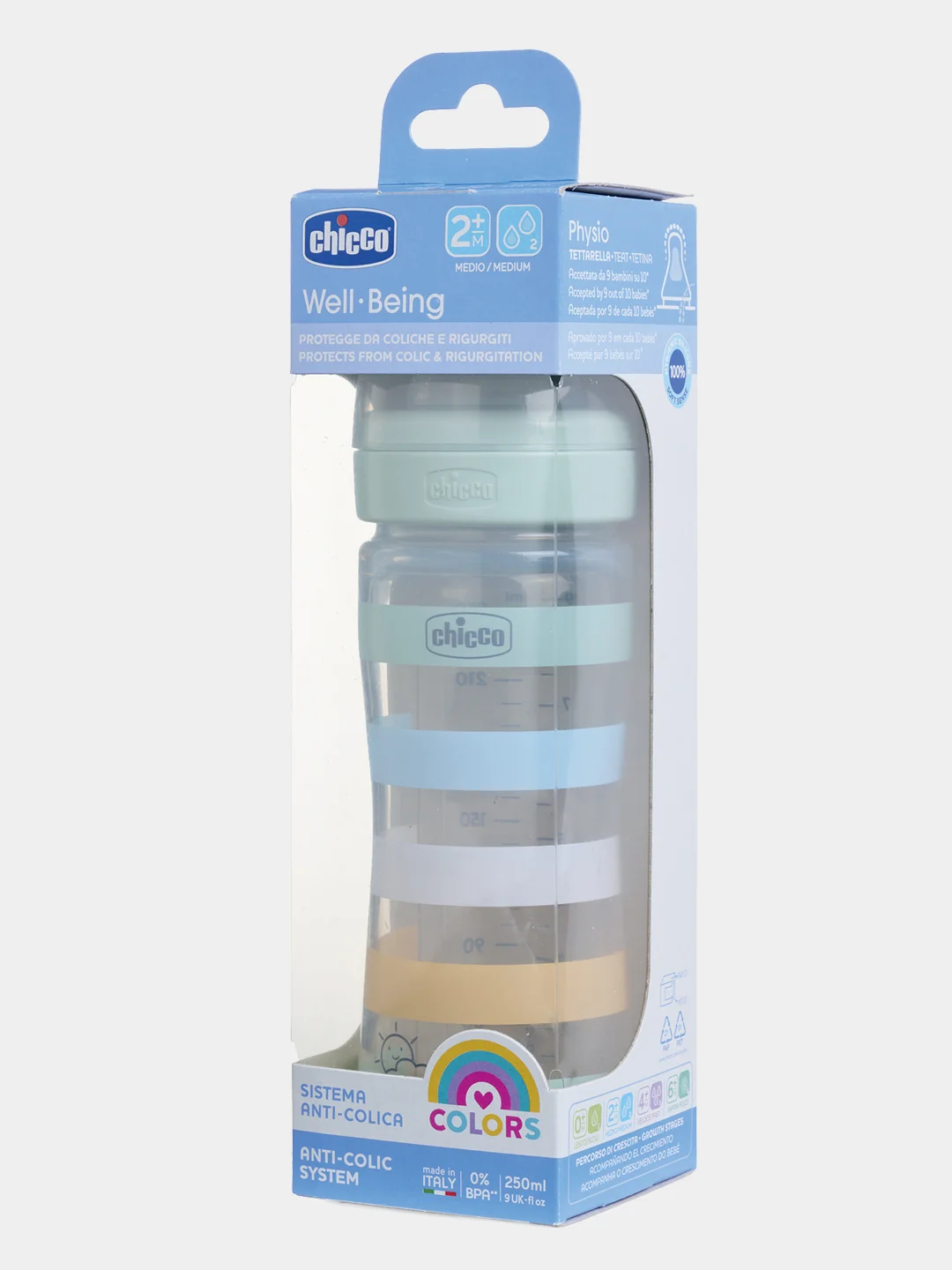 CHICCO Бутылочка Well-Being Boy 2мес.+,сил.соска средн.поток,РР,250мл.,зелен