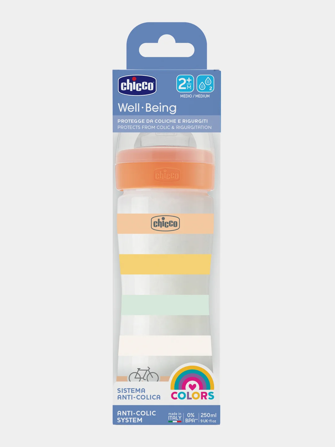 CHICCO Бутылочка Well-Being Uni 2мес.+,сил.соска средн.поток,РР,250мл.,оранж
