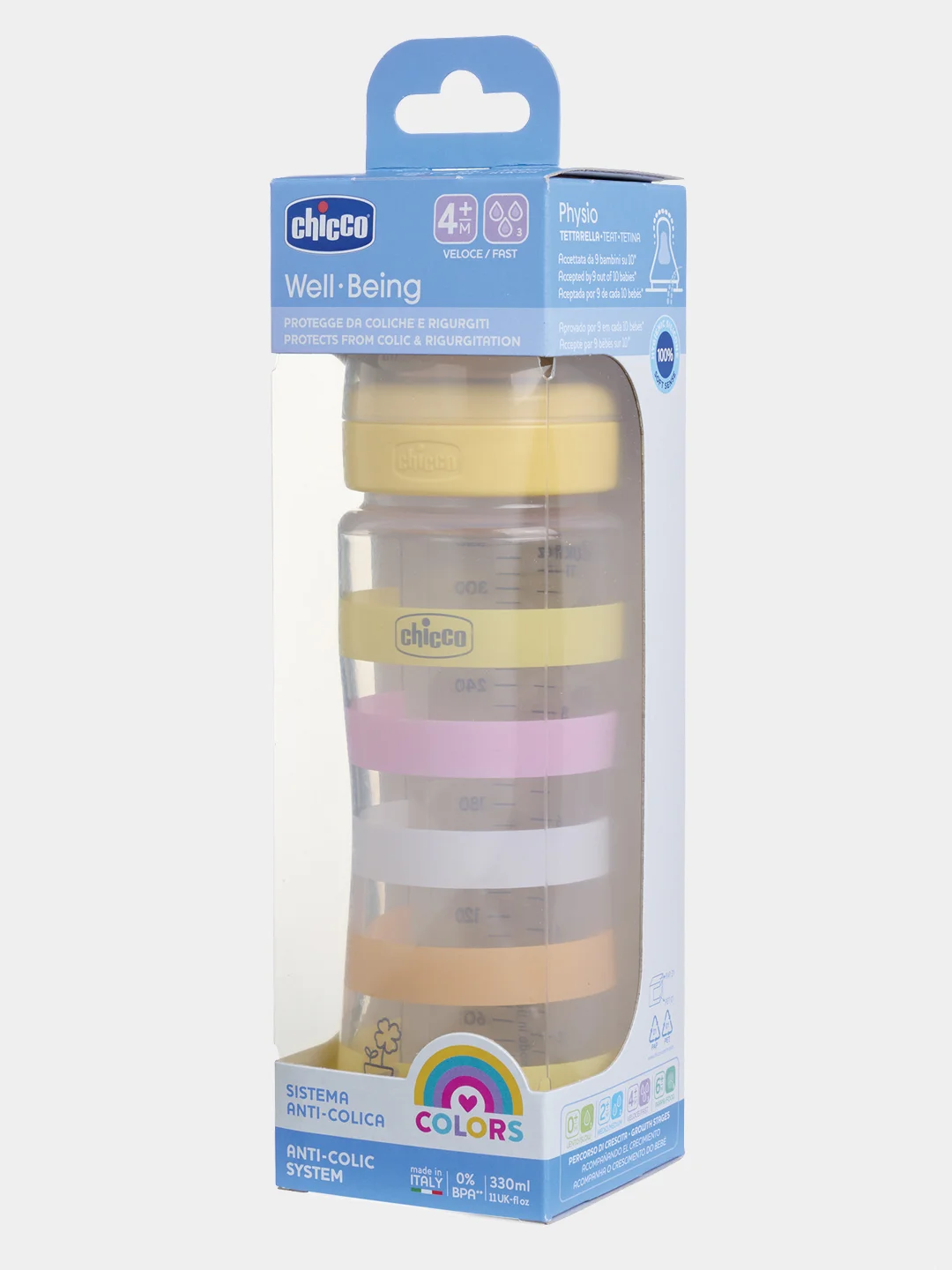 CHICCO Бутылочка Well-Being Girl 4мес.+,сил.соска быстр.поток,РР,330мл.,желт