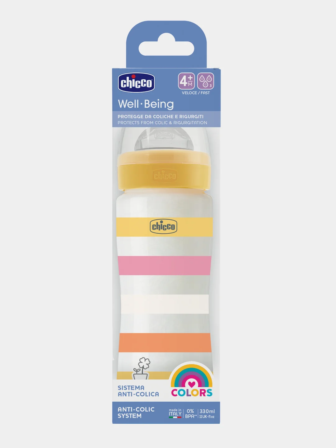 CHICCO Бутылочка Well-Being Girl 4мес.+,сил.соска быстр.поток,РР,330мл.,желт