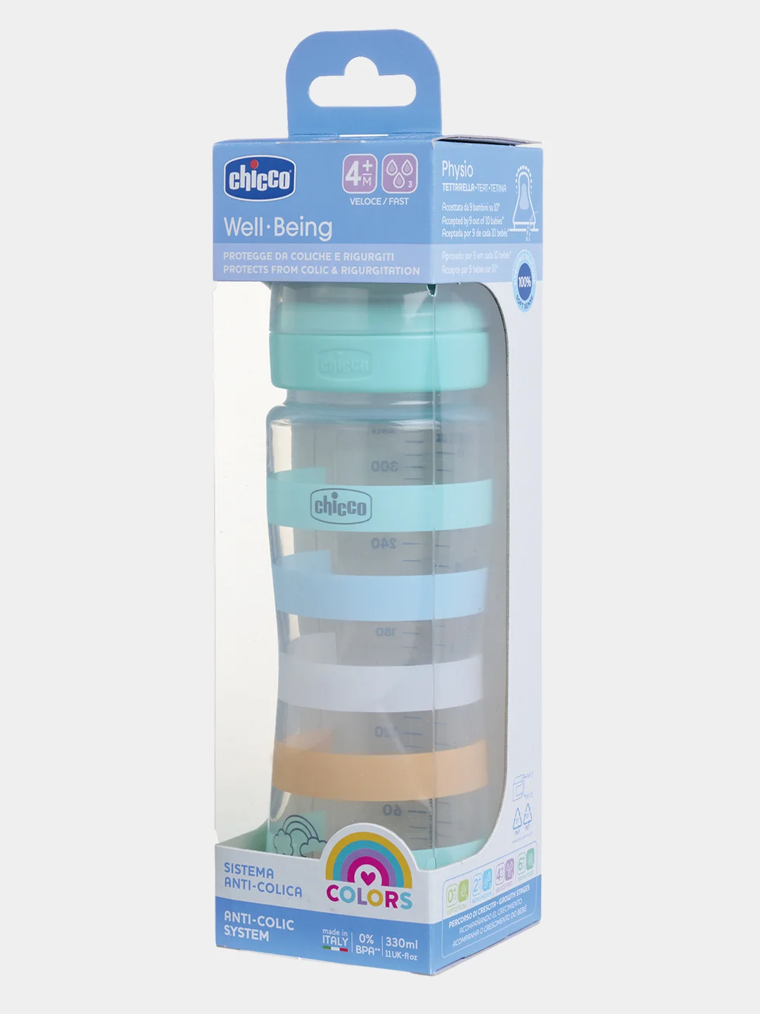 CHICCO Бутылочка Well-Being Boy 4 мес.+,сил.соска быстр.поток,РР,330мл., зелен