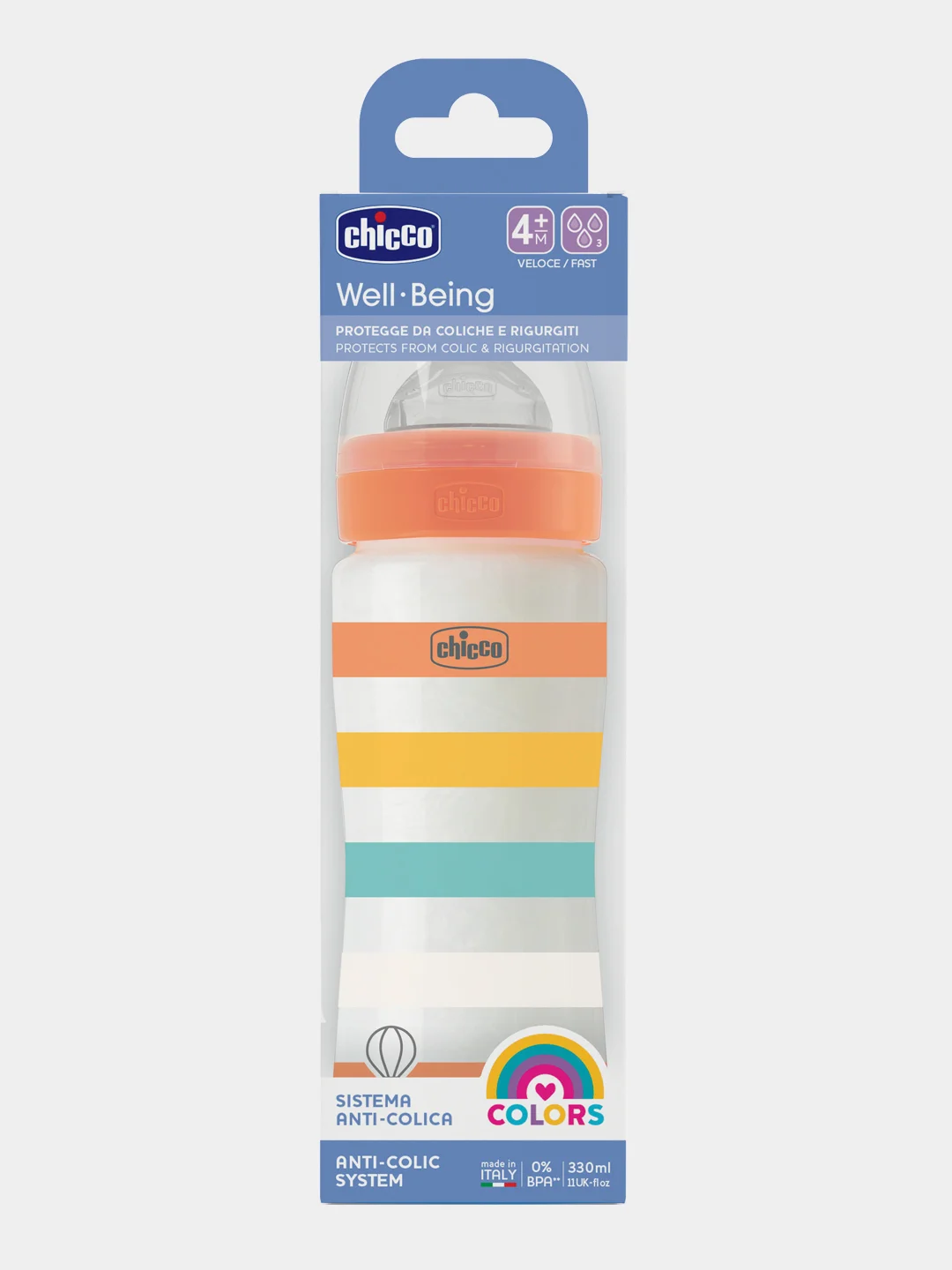 CHICCO Бутылочка Well-Being Uni 4 мес.+,сил.соска быстр.поток,РР,330мл.,оранж