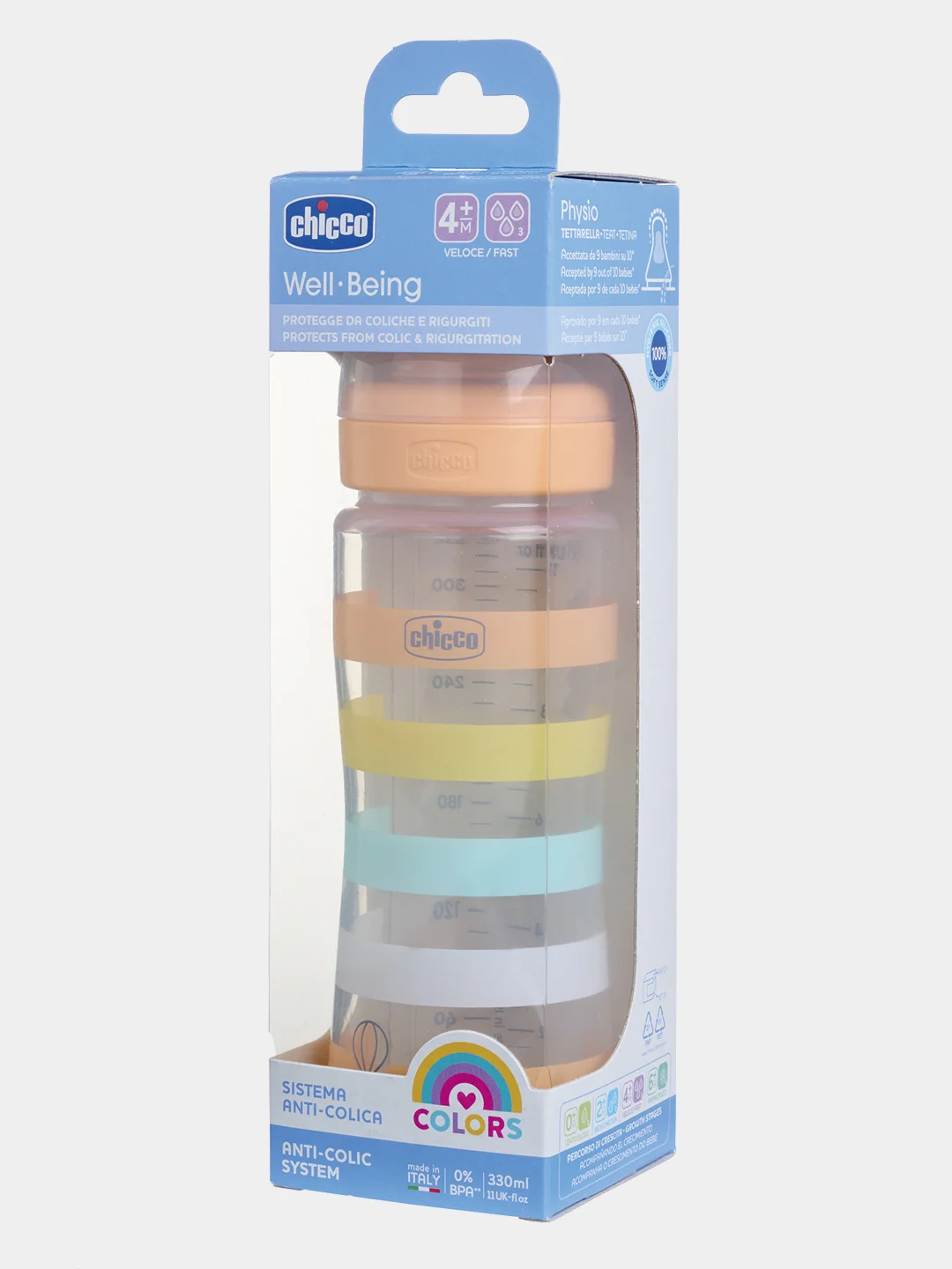 CHICCO Бутылочка Well-Being Uni 4 мес.+,сил.соска быстр.поток,РР,330мл.,оранж