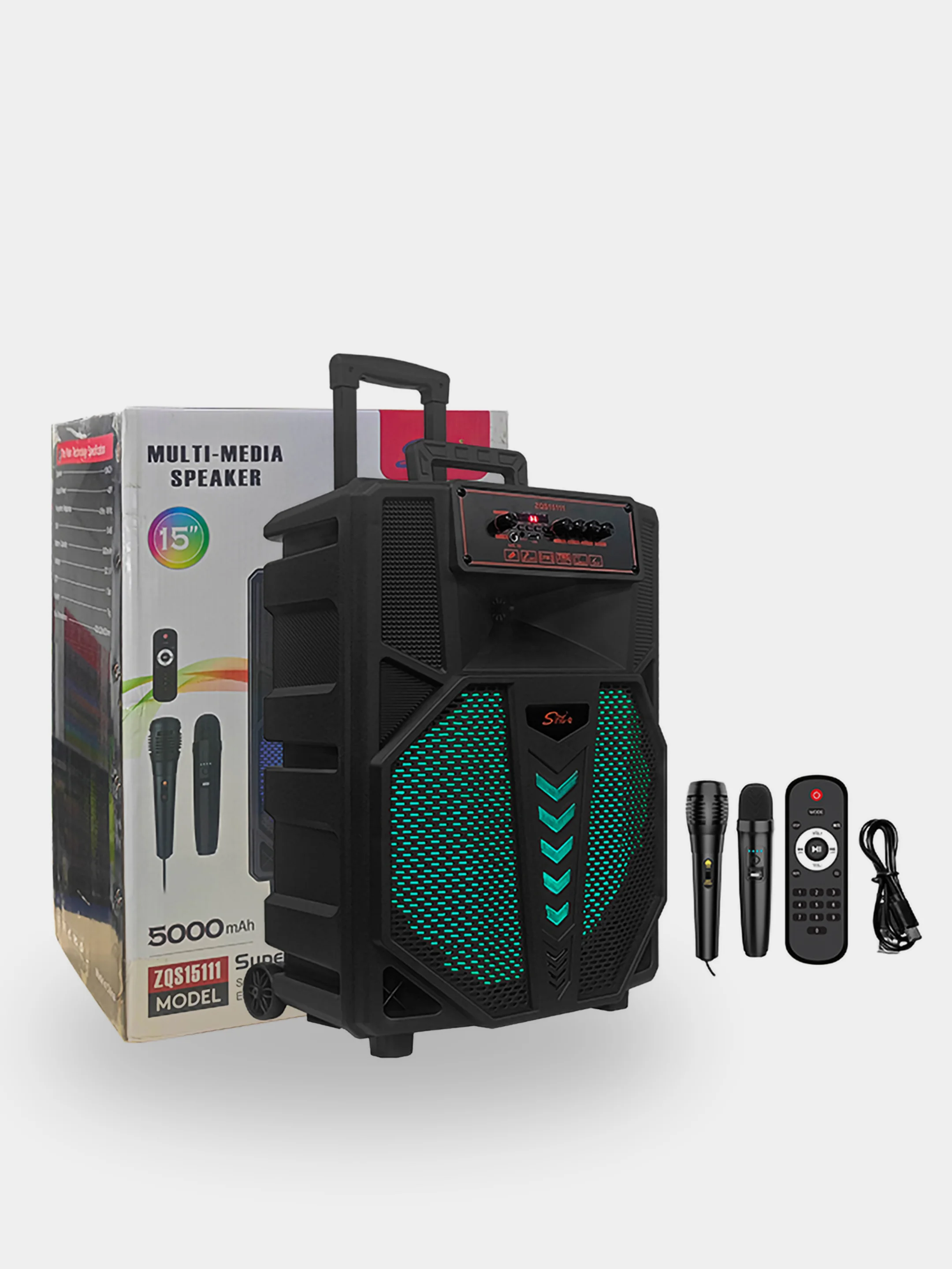 Серый колонка Bluetooth с LED-подсветкой ZQS 40Вт (USB/SD/AUX/FM) колёсики/ручка + микрофон/пульт