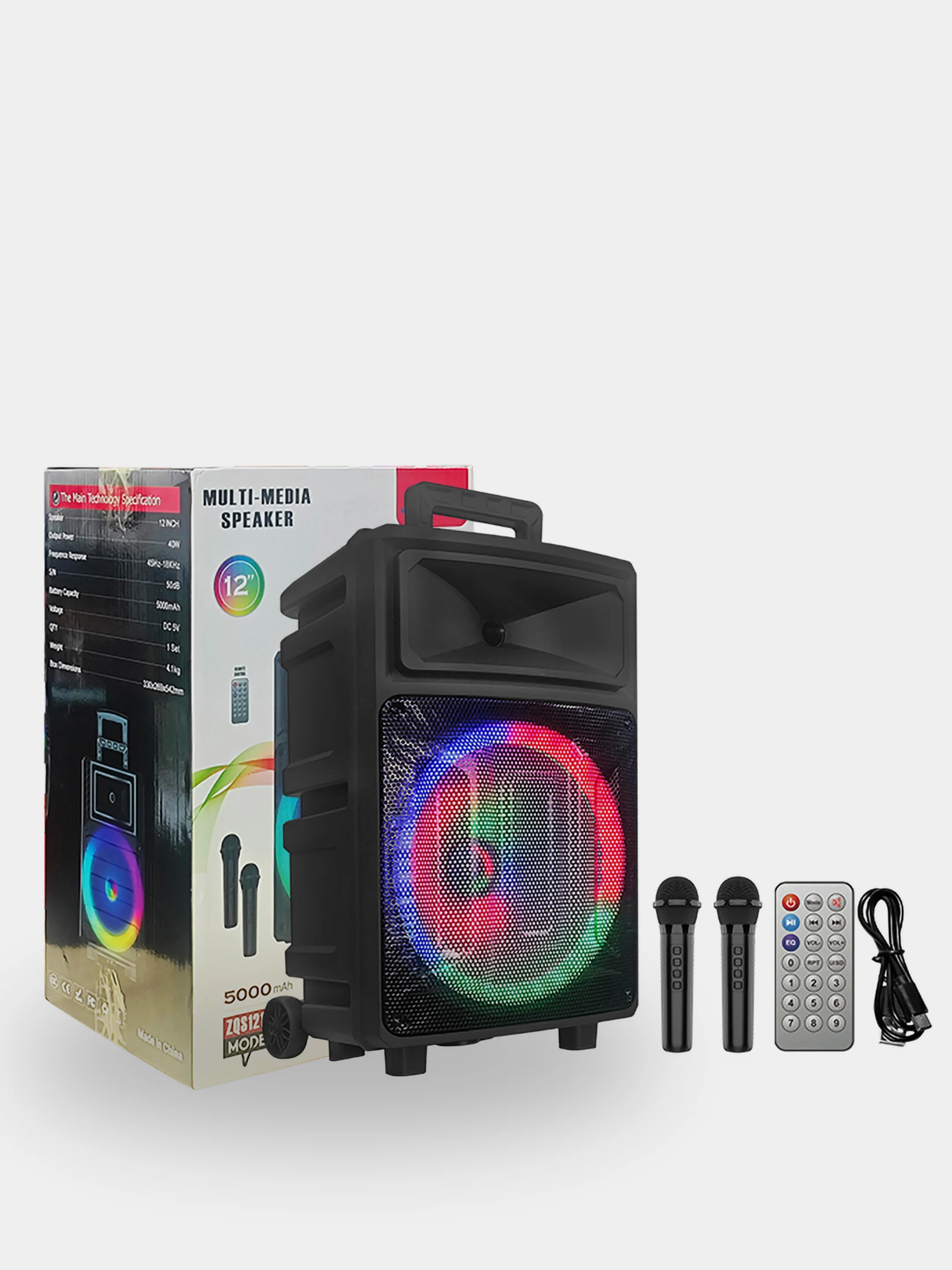 Угольный колонка Bluetooth с LED-подсветкой ZQS 40Вт (USB/SD/AUX/FM) колёсики/ручка + микрофон/пульт