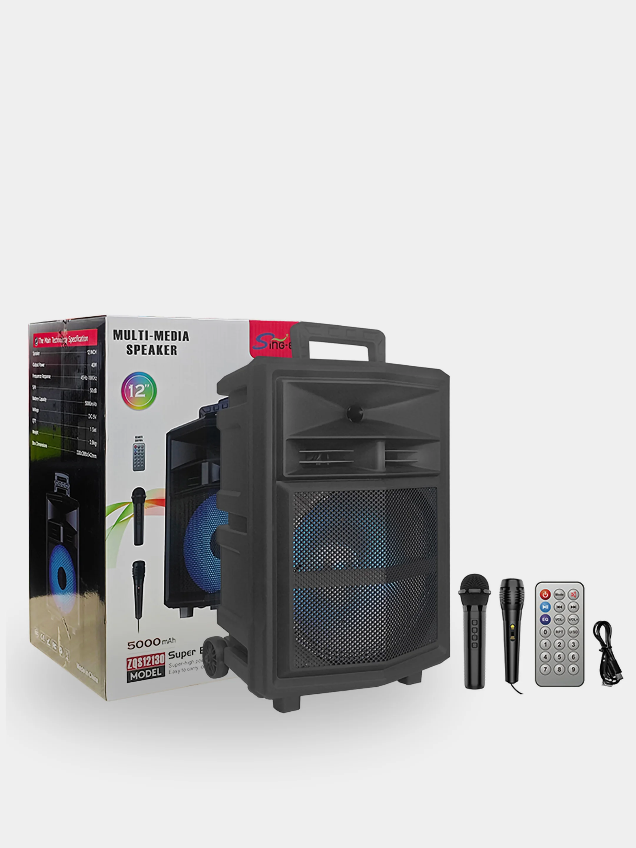 Хром колонка Bluetooth с LED-подсветкой ZQS 40Вт (USB/SD/AUX/FM) колёсики/ручка + микрофон/пульт