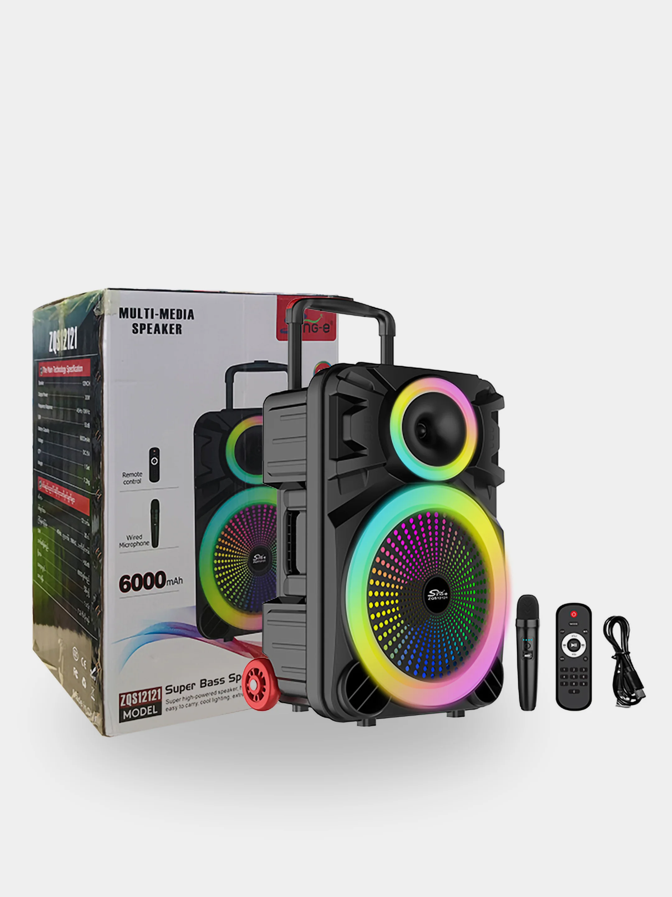 Черный колонка Bluetooth с LED-подсветкой ZQS 40Вт (USB/SD/AUX/FM) колёсики/ручка + микрофон/пульт