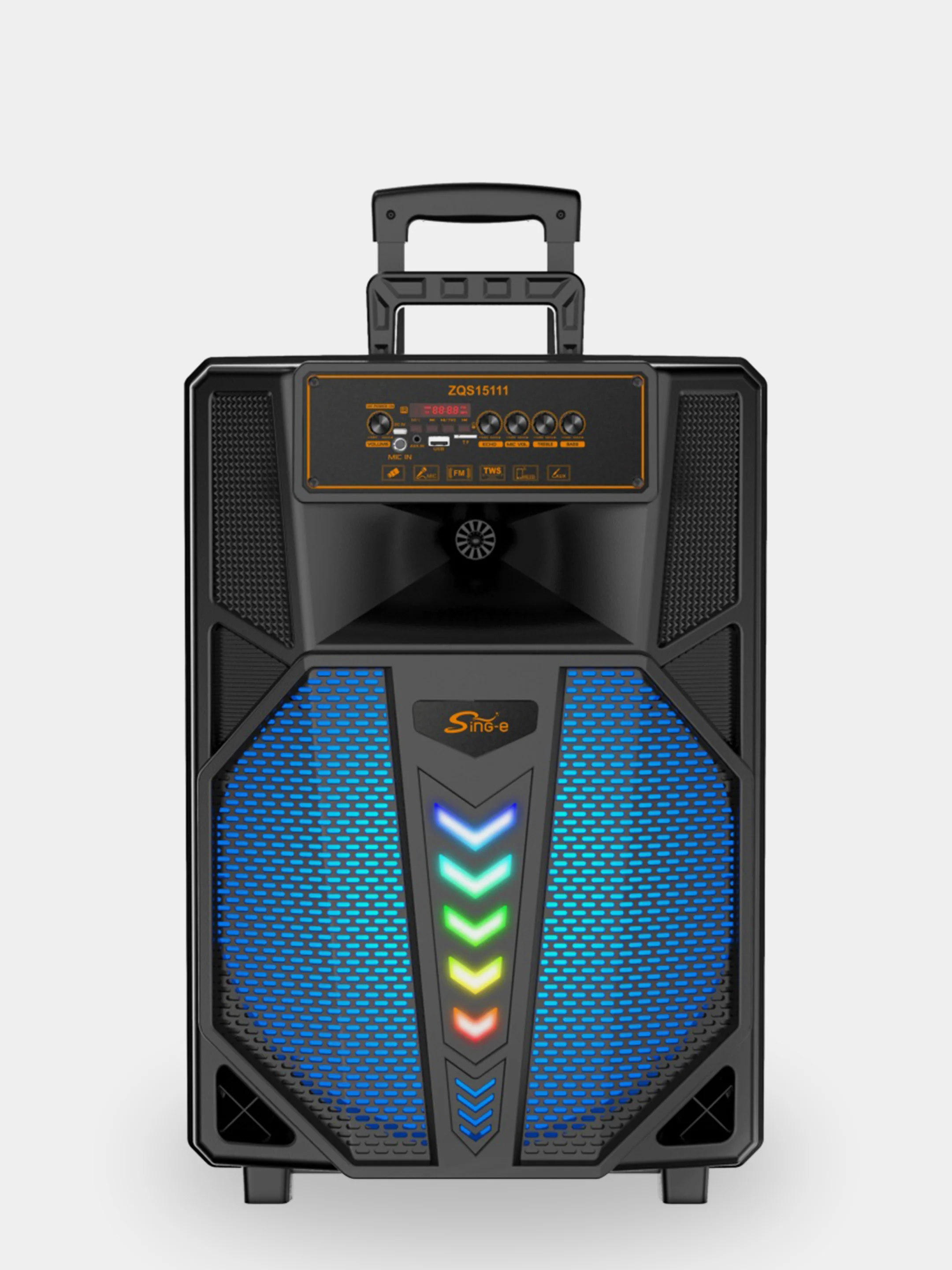 Серый колонка Bluetooth с LED-подсветкой ZQS 40Вт (USB/SD/AUX/FM) колёсики/ручка + микрофон/пульт