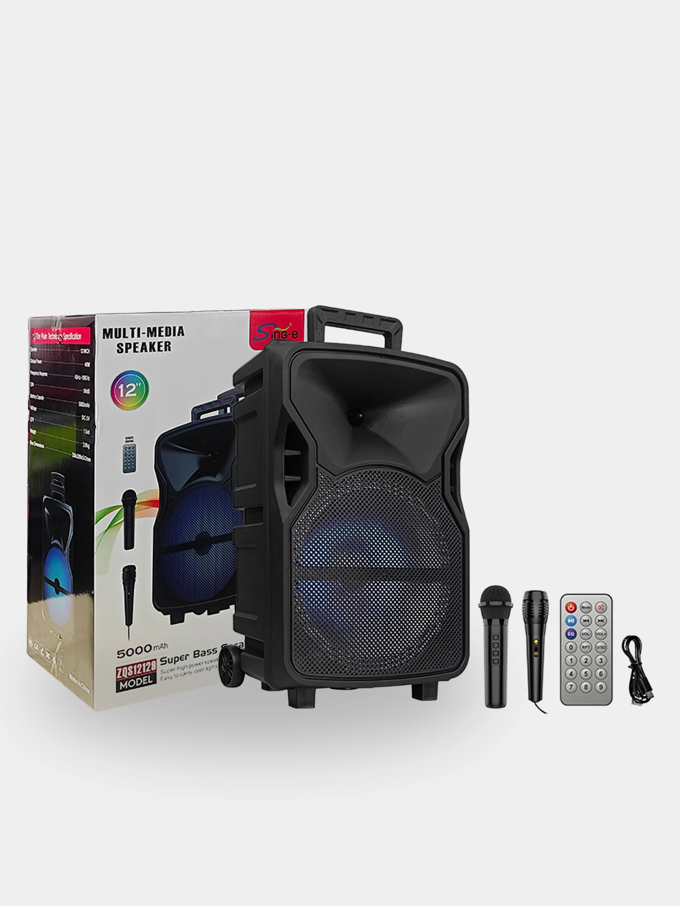 Разноцветный колонка Bluetooth с LED-подсветкой ZQS 40Вт (USB/SD/AUX/FM) колёсики/ручка + микрофон/пульт