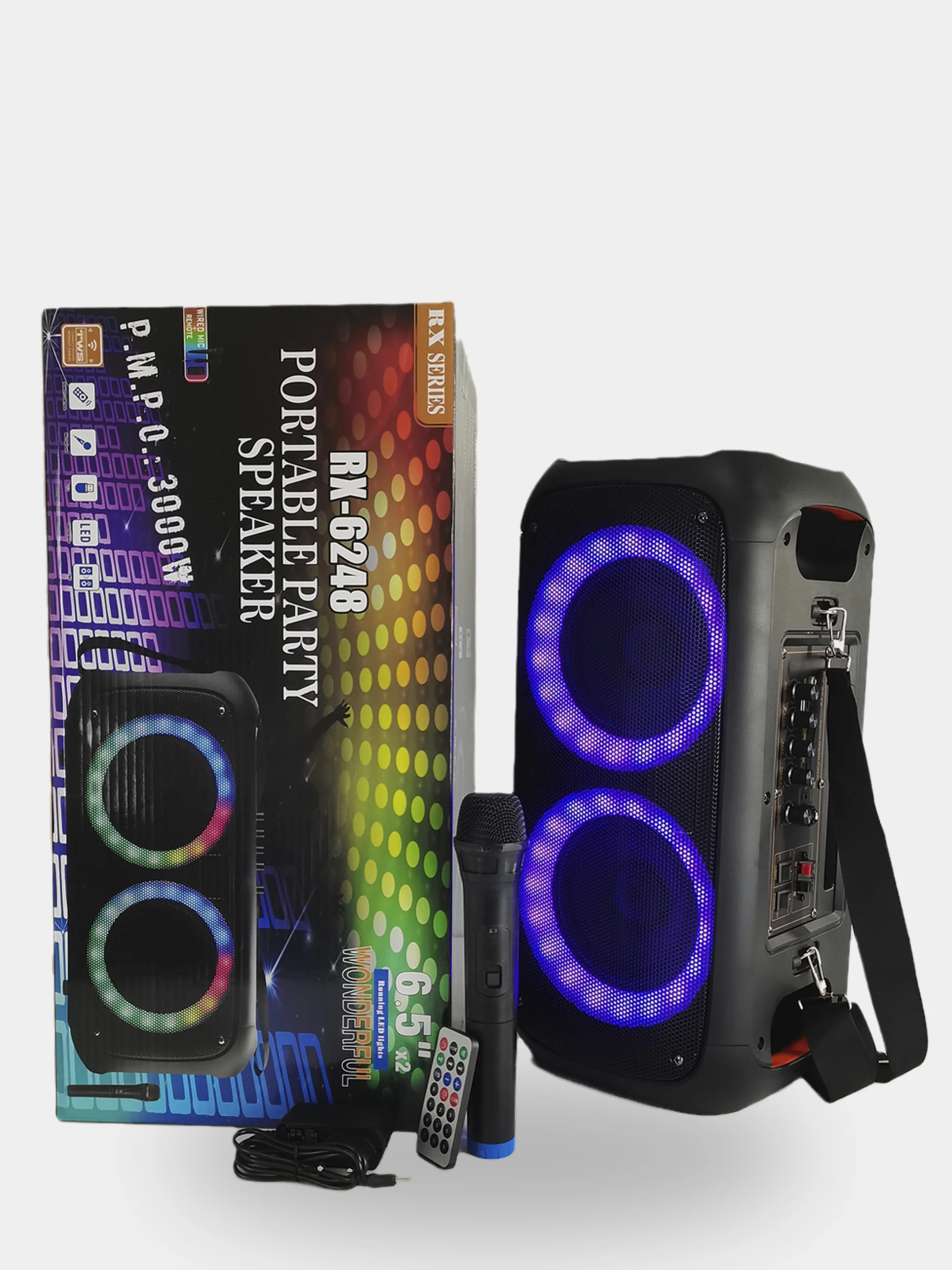 Колонка беспроводная Bluetooth с подсветкой RX-6248, 30Вт (USB/TF/AUX/FM) + микрофон/пульт