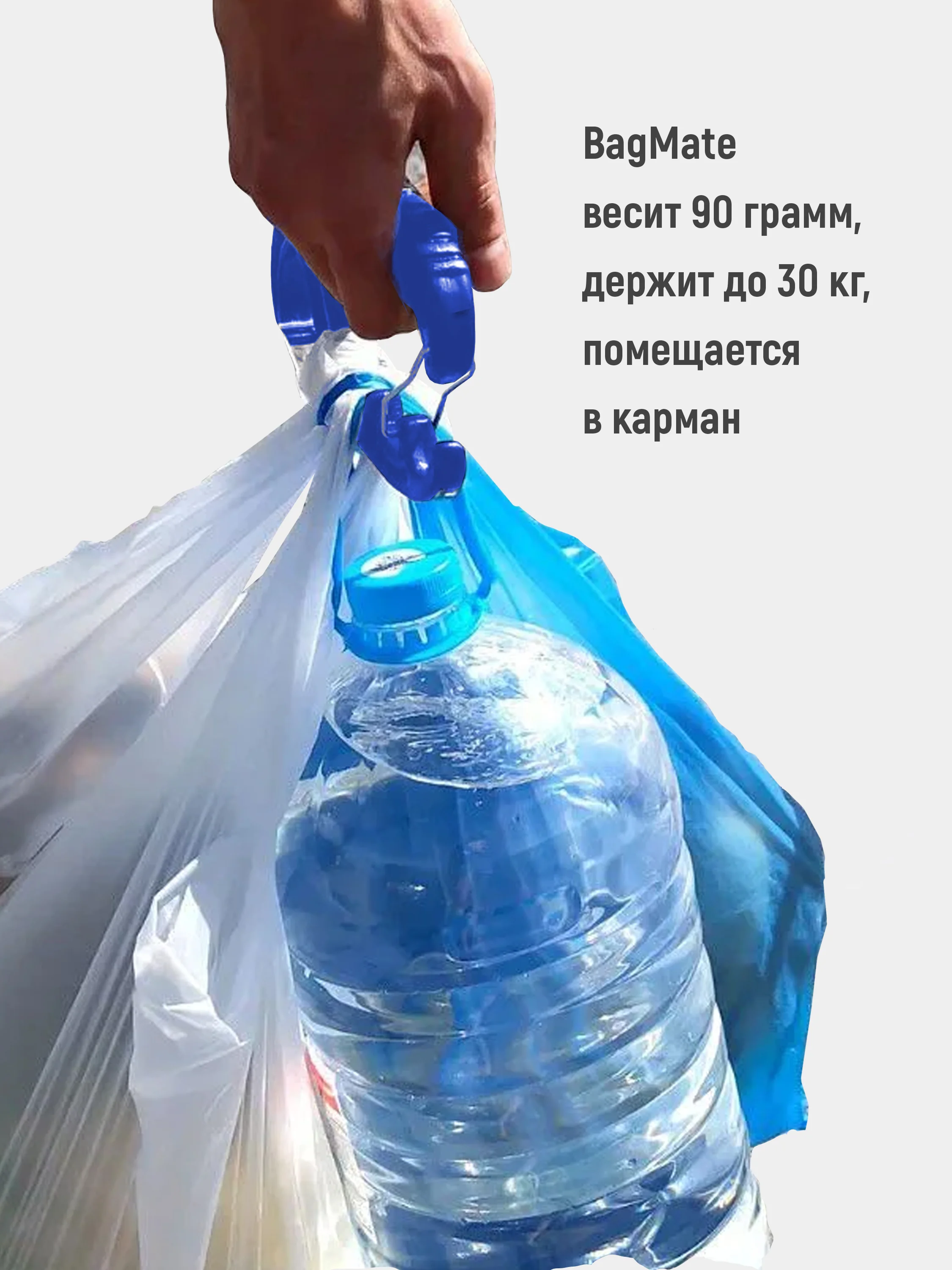 Синий ручка-карабин для переноса пакетов, бутылей BagMate с фиксаторами и крючком для транспорта