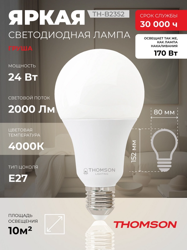 Лампочка светодиодная THOMSON TH-B2352 24 Вт, E27, А80, груша, 4000K дневной свет
