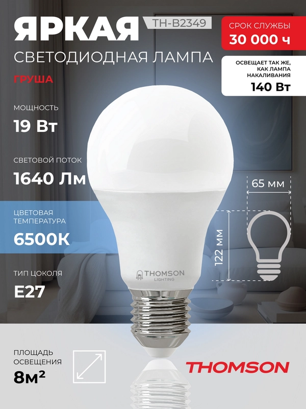 Лампочка светодиодная THOMSON TH-B2349 19 Вт, E27, А65, груша, 6500K холодный белый свет