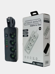 Удлинитель сетевой 3 метра, 4 розетки, 4 USB и 1 Type-C портами и кнопкой
