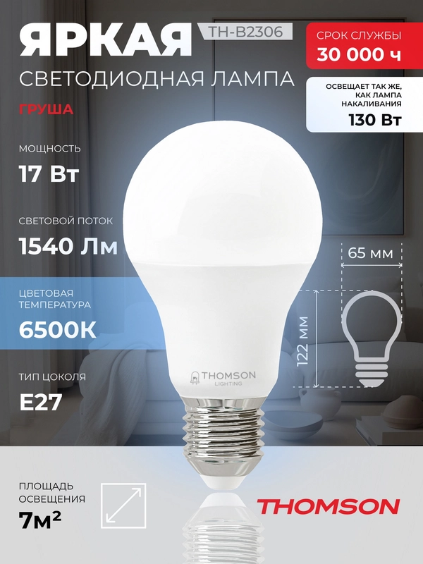 Лампочка светодиодная THOMSON TH-B2306 17 Вт, E27, А65, груша, 6500K холодный белый свет