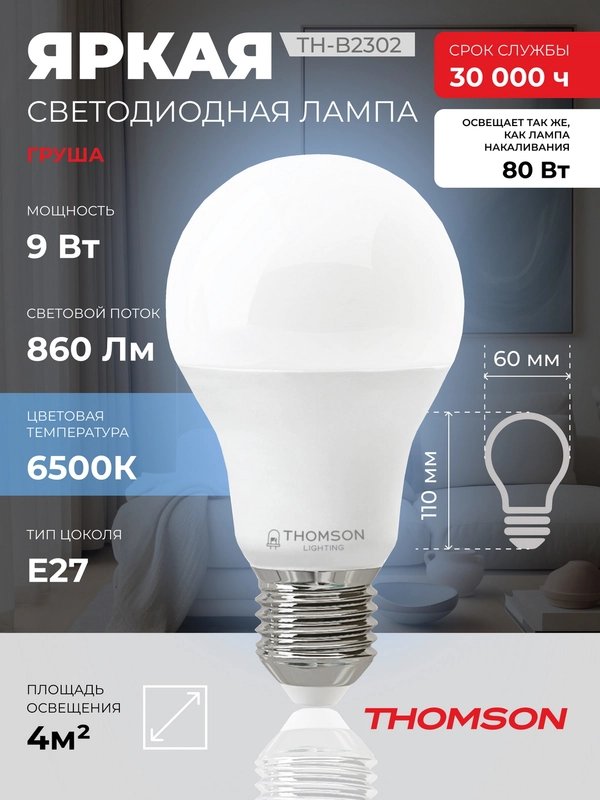 Лампочка светодиодная THOMSON TH-B2302 9 Вт, E27, А60, груша, 6500K холодный белый свет
