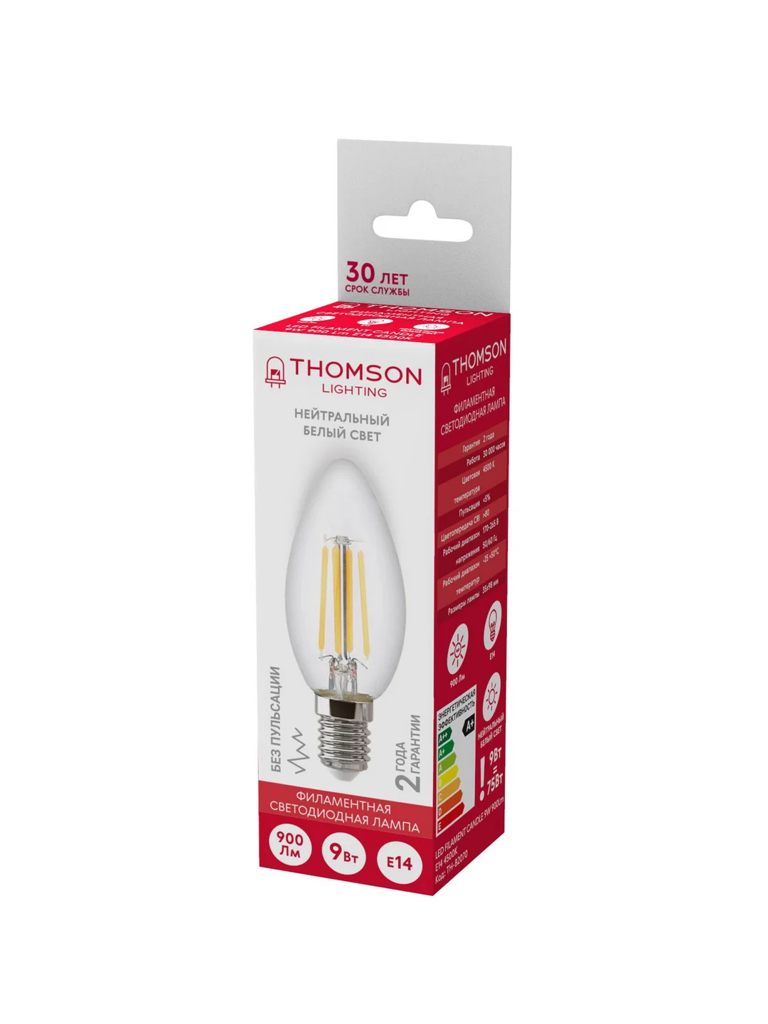 Лампочка светодиодная филаментная THOMSON TH-B2070 9 Вт, E14, свеча, 4500K дневной свет