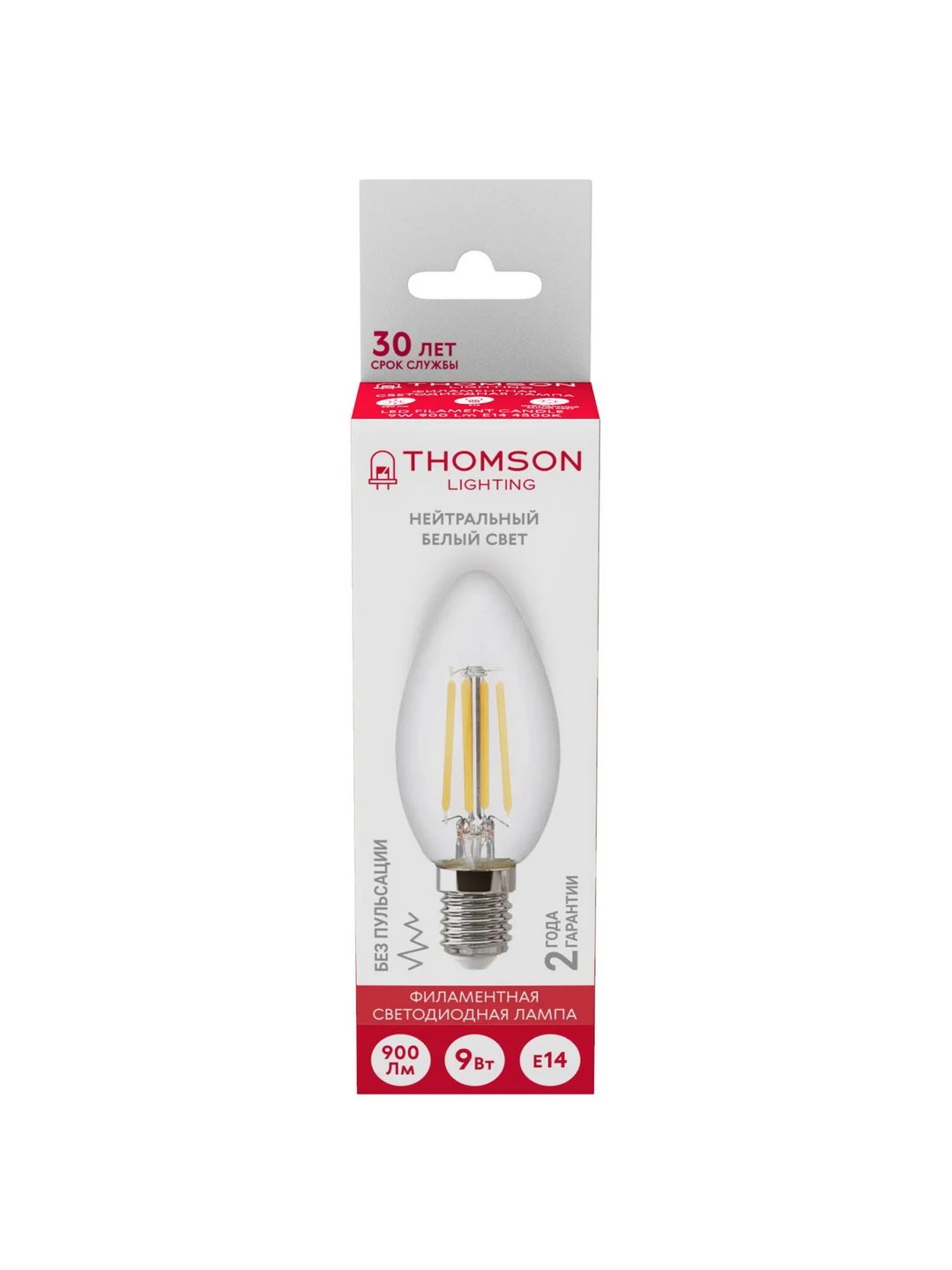 Лампочка светодиодная филаментная THOMSON TH-B2070 9 Вт, E14, свеча, 4500K дневной свет