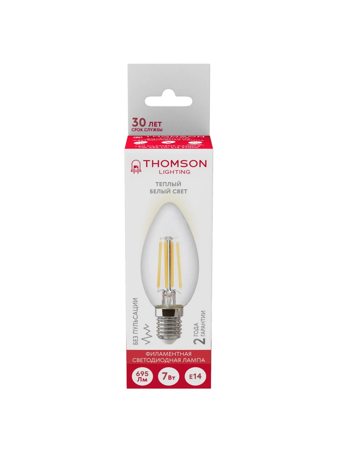 Лампочка светодиодная филаментная THOMSON TH-B2067 7 Вт, E14, свеча, 2700K теплый свет