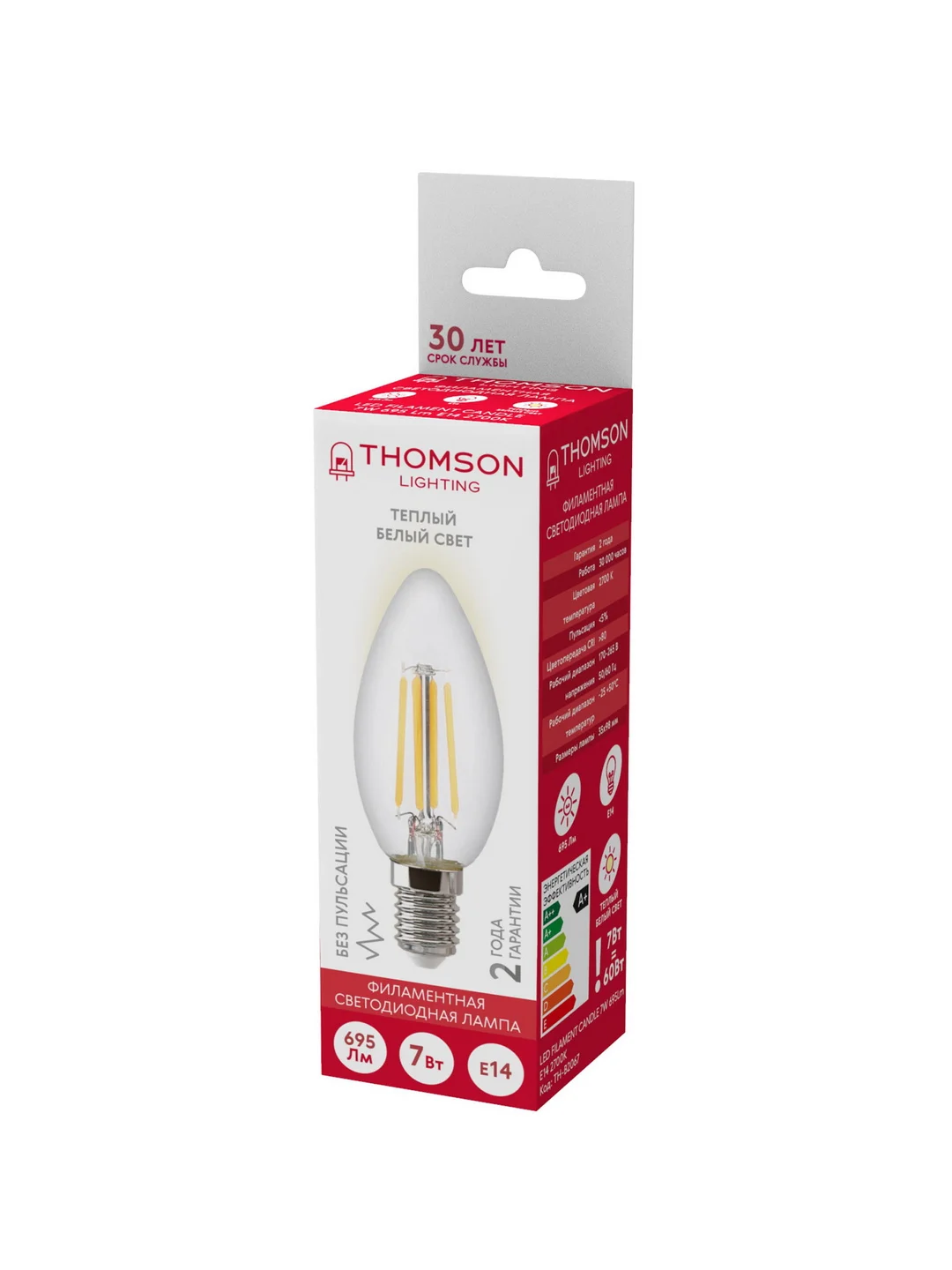 Лампочка светодиодная филаментная THOMSON TH-B2067 7 Вт, E14, свеча, 2700K теплый свет