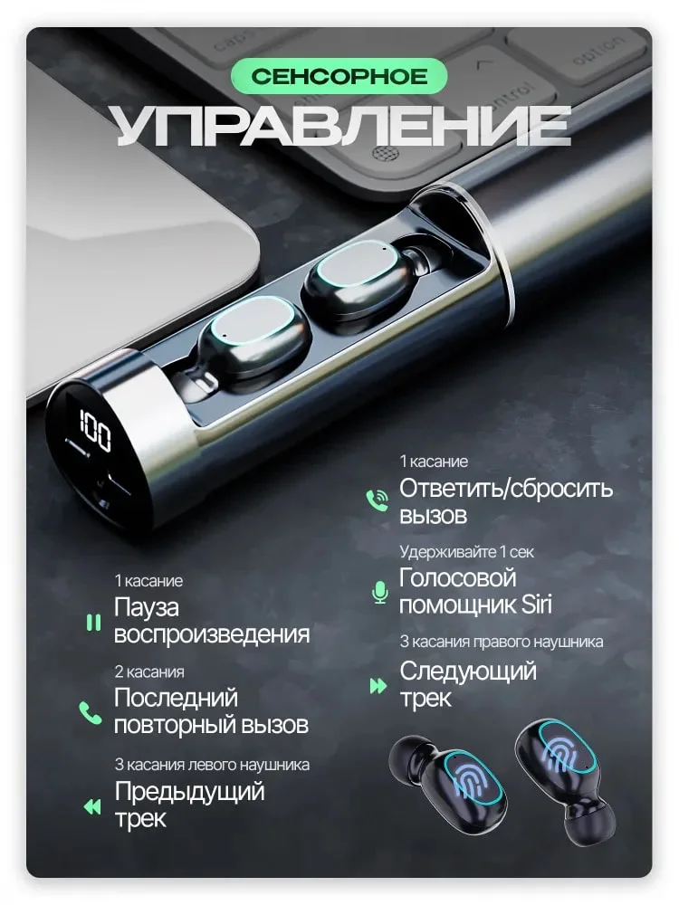Беспроводные наушники TWS Premium, с шумоподавлением, микрофоном и фонариком