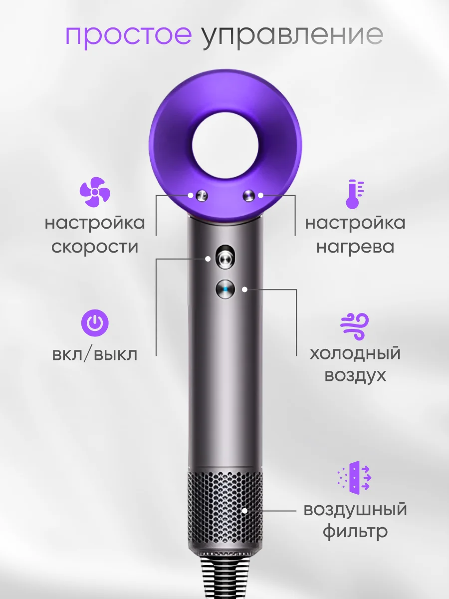 Фен для волос профессиональный с ионизацией, с насадками 5 штук, фиолетовый, евровилка, RU