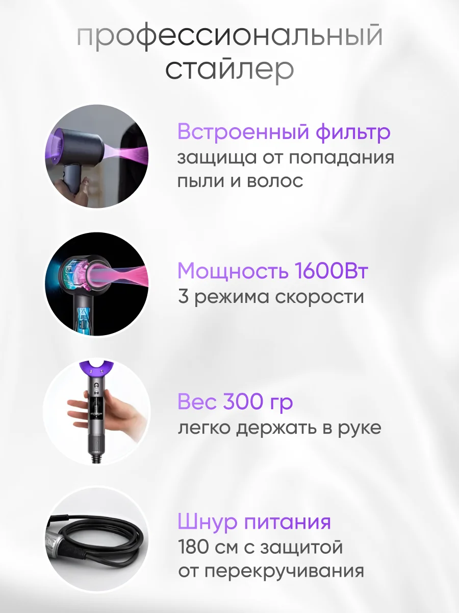 Фен для волос профессиональный с ионизацией, с насадками 5 штук, фиолетовый, евровилка, RU