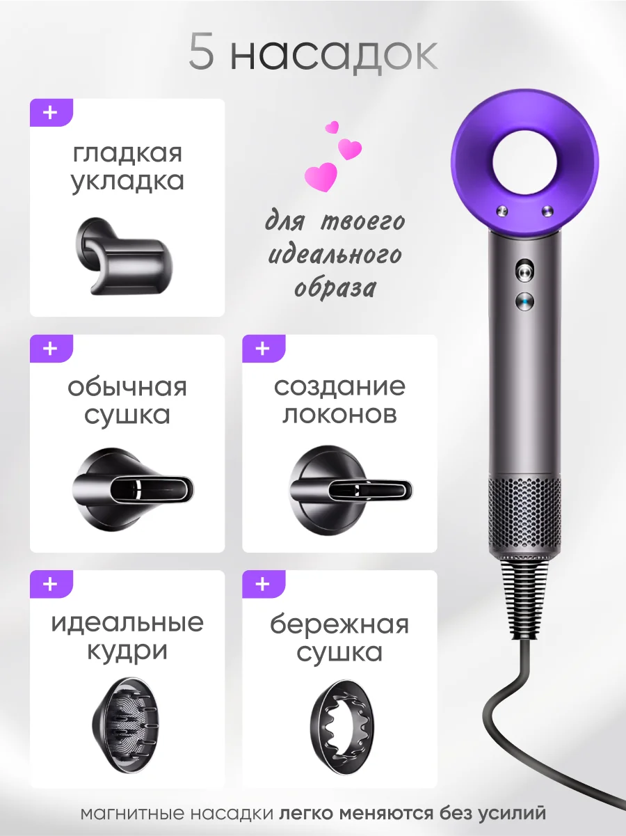 Фен для волос профессиональный с ионизацией, с насадками 5 штук, фиолетовый, евровилка, RU