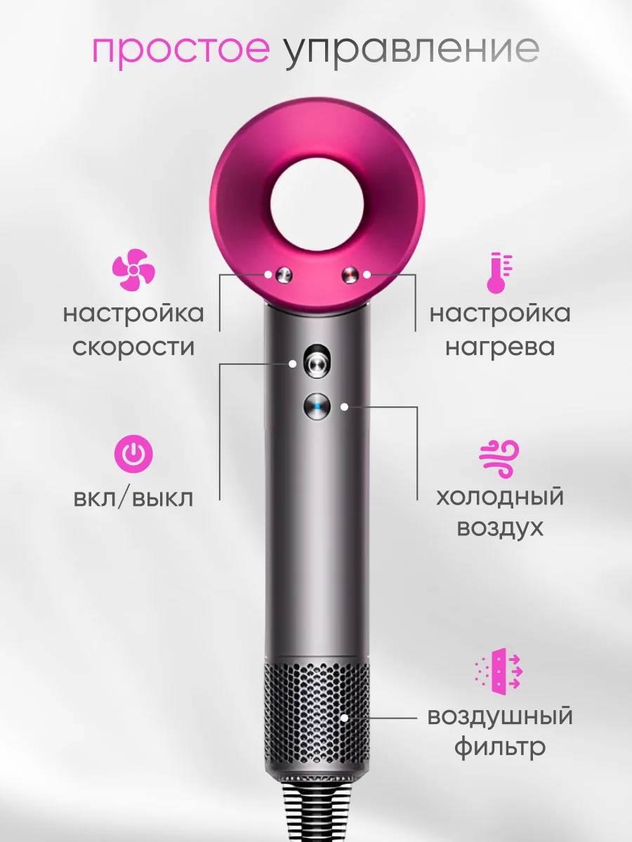 Фен для волос профессиональный с ионизацией, с насадками 5 штук, розовый, евровилка, RU