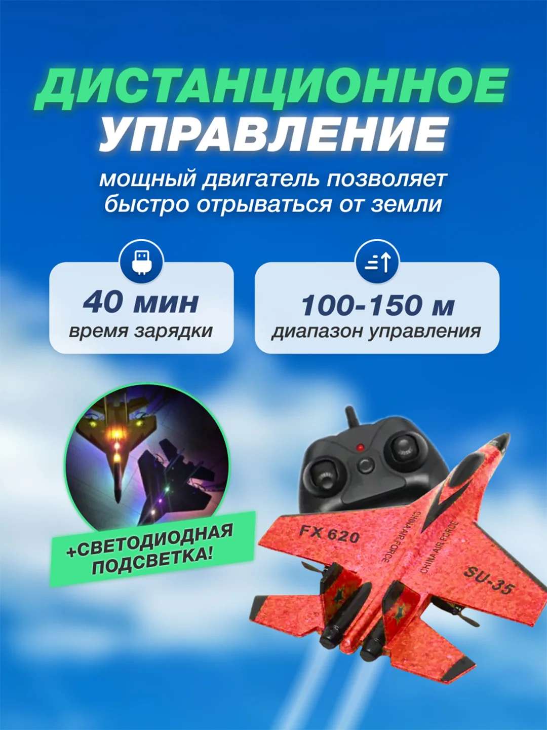 Красный самолет на радиоуправлении, истребитель на пульте управления, игрушка для мальчика