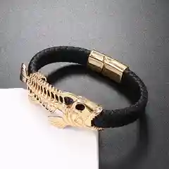 Серебряный мужской кожаный браслет Скелет пираньи, два цвета, 21 см, ручная работа, на руку