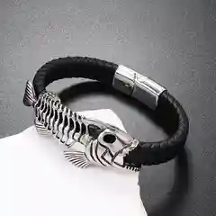 Серебряный мужской кожаный браслет Скелет пираньи, два цвета, 21 см, ручная работа, на руку