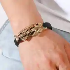 Серебряный мужской кожаный браслет Скелет пираньи, два цвета, 21 см, ручная работа, на руку