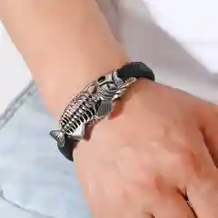 Серебряный мужской кожаный браслет Скелет пираньи, два цвета, 21 см, ручная работа, на руку