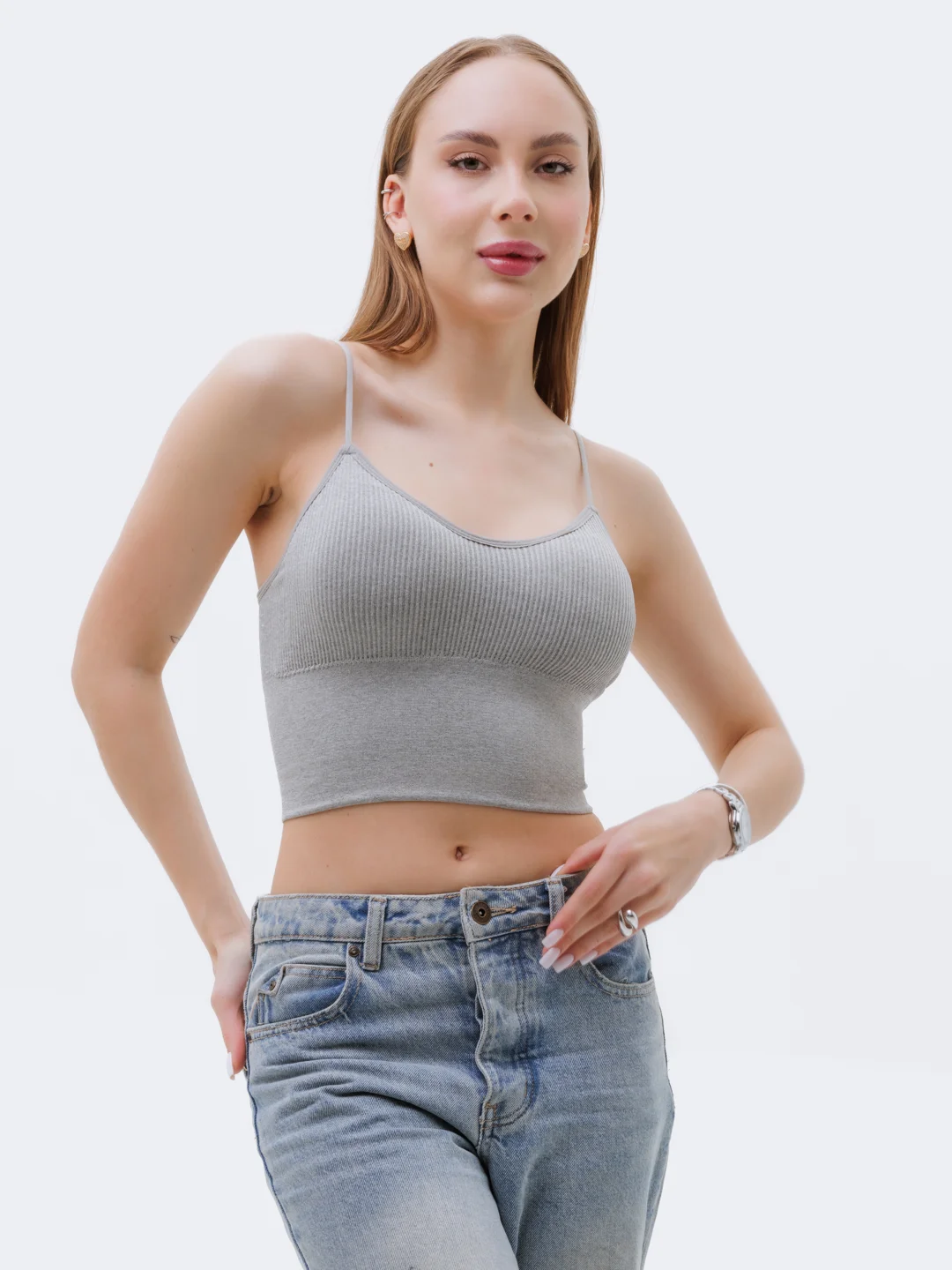 Серый меланж базовый топ в рубчик 40-42 (S-XS)