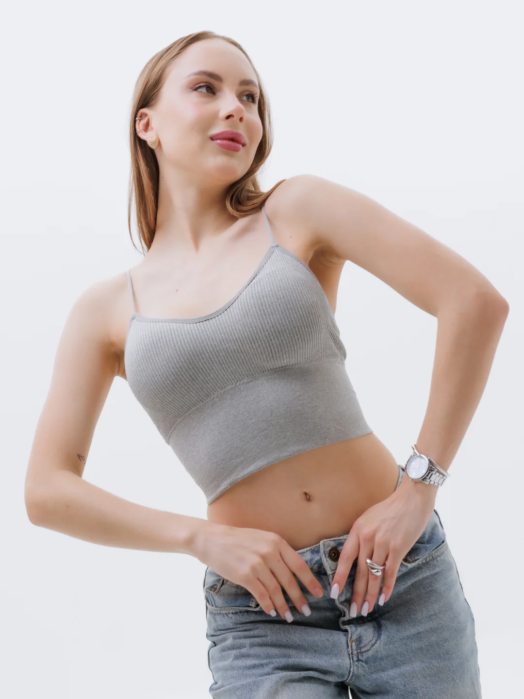 Серый меланж базовый топ в рубчик 40-42 (S-XS)