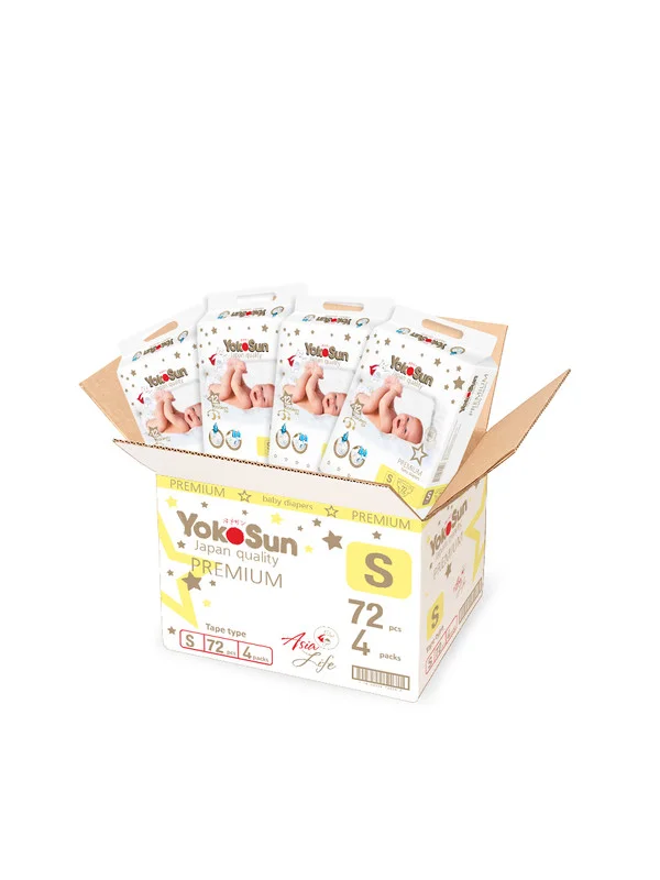 Белый megabox yokosun  premium подгузники на липучках  s (3-6 кг) 288  шт (72 шт * 4 уп)