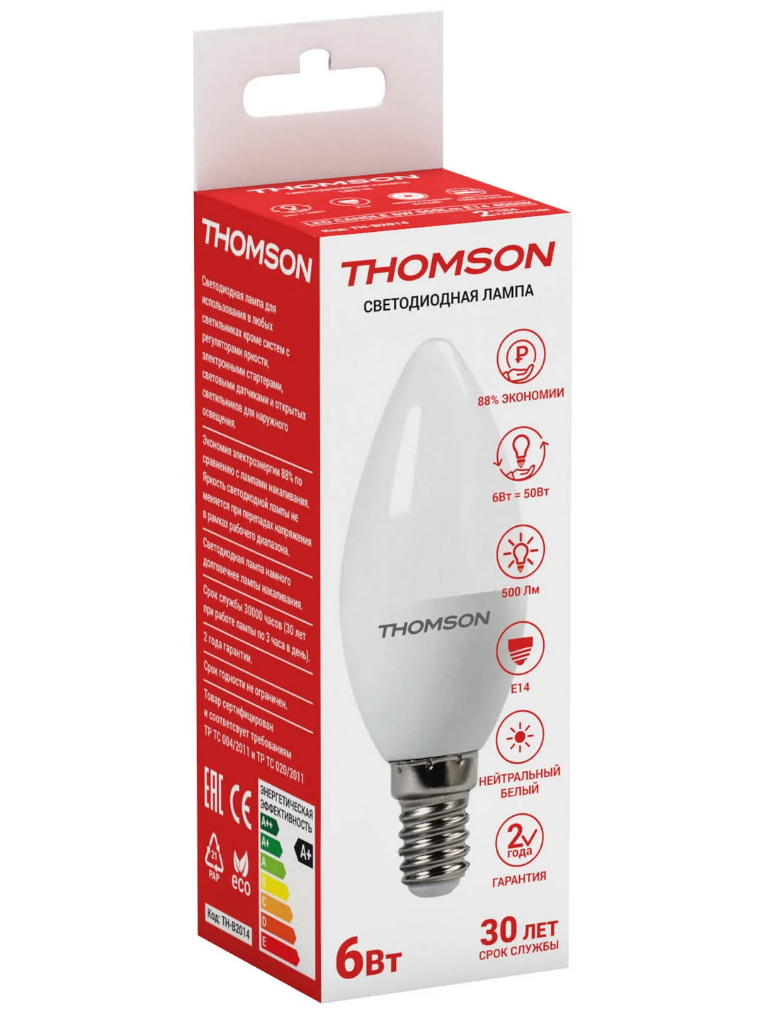 Лампочка светодиодная THOMSON TH-B2014 6 Вт, E14, свеча, 4000K нейтральный белый свет