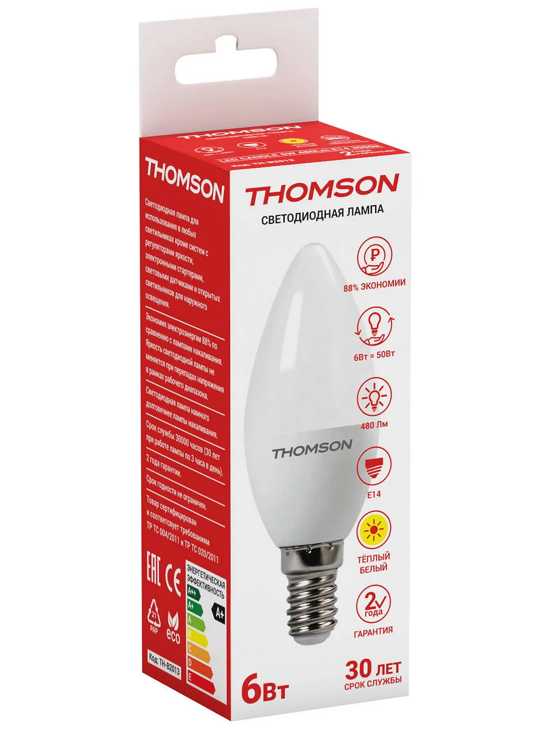 Лампочка светодиодная THOMSON TH-B2013 6 Вт, E14, свеча, 3000K теплый белый свет